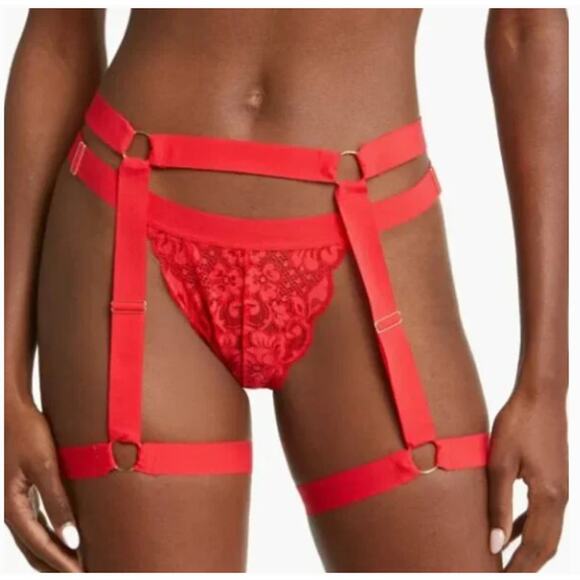 We are HAH Strung Out Garters Garter Belt in Siren Red, One Size (OS) - Picture 1 of 7